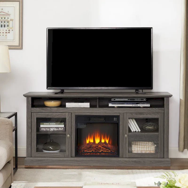 60 Fireplace TV Stand with Glass Doors and Open/Closed Storage for TVs Up to 65