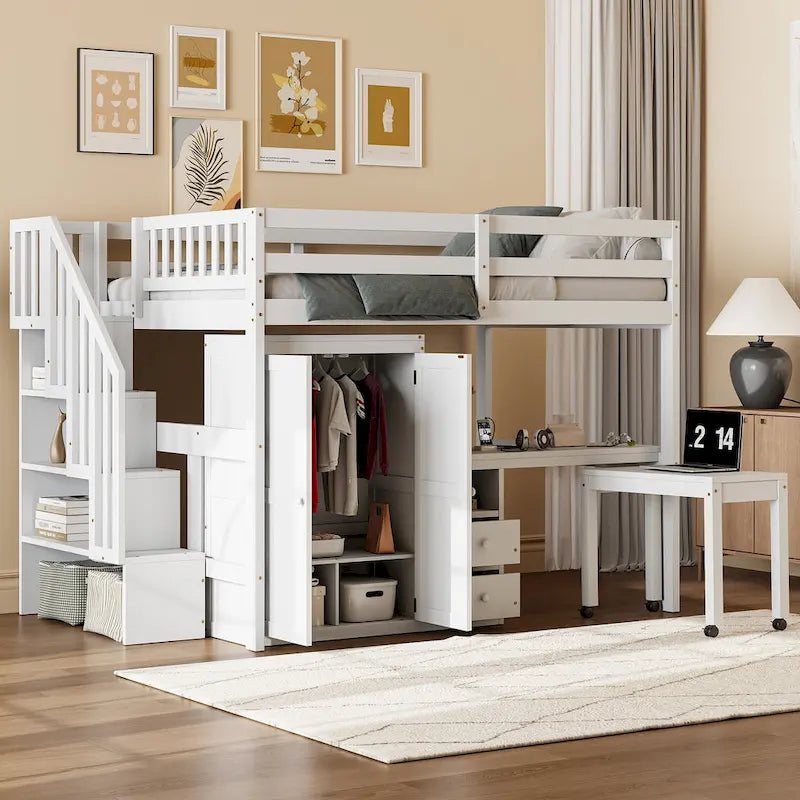 Full Size Loft Bed with Stairs, Bookshelf, Drawers, Desk & Wardrobe