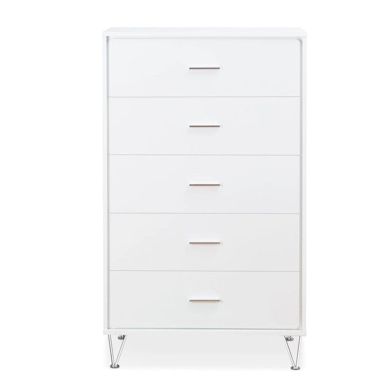 Comporte une commode à cinq tiroirs avec poignées en métal.