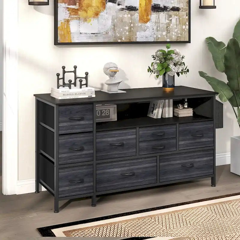 Commode en tissu à 9 tiroirs de 50 W, meuble multimédia, meuble TV avec prises et éclairage RVB