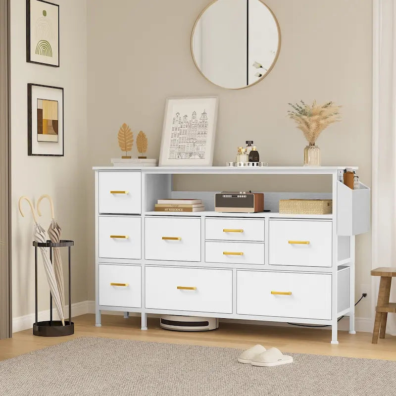 Commode en tissu à 9 tiroirs de 50 W, meuble multimédia, meuble TV avec prises et éclairage RVB