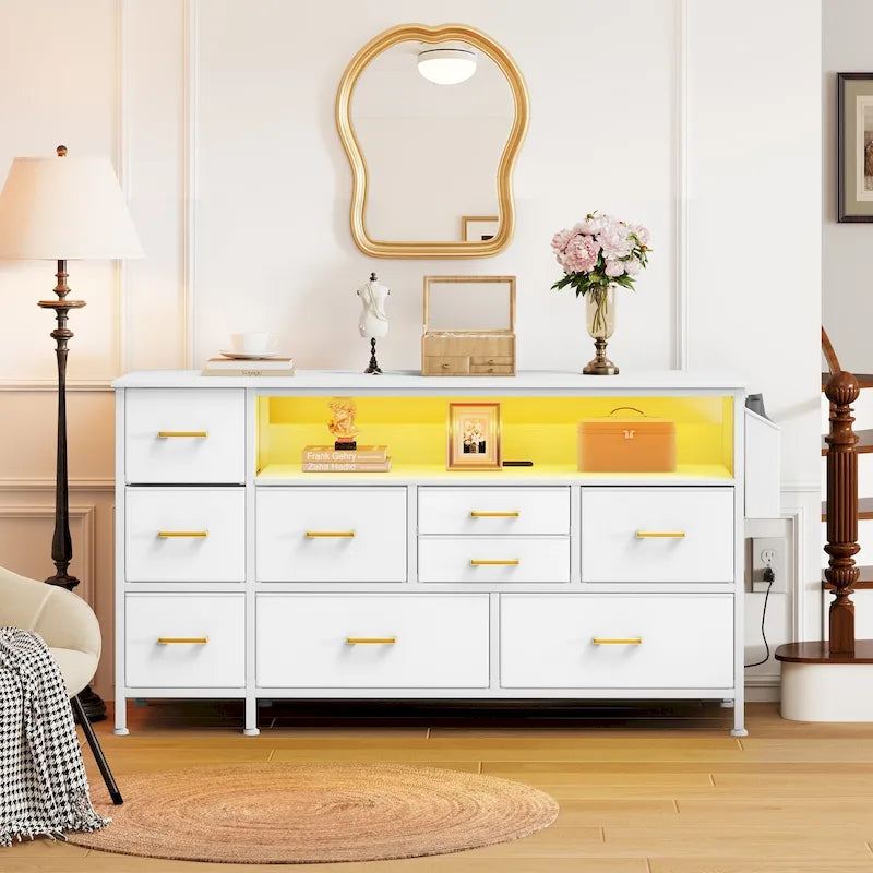Commode en tissu à 9 tiroirs de 50 W, meuble multimédia, meuble TV avec prises et éclairage RVB