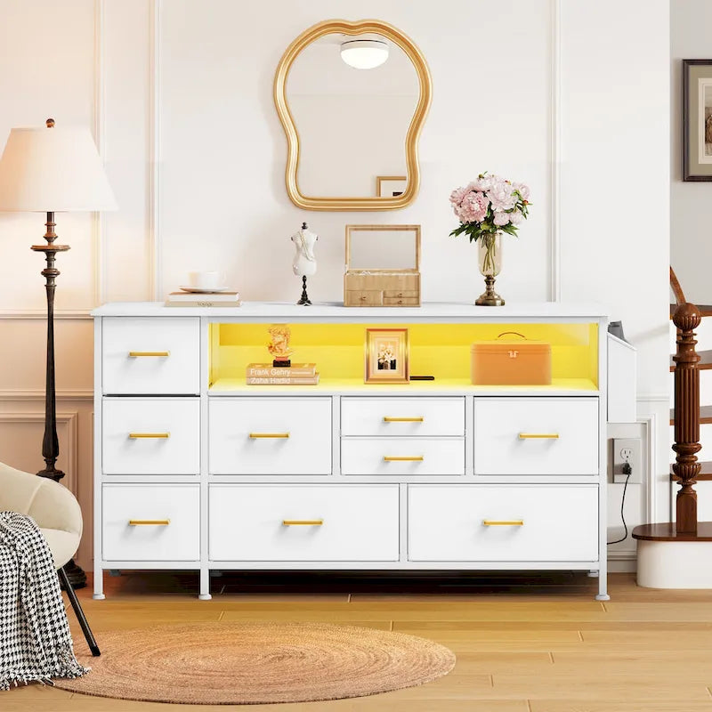 Commode en tissu à 9 tiroirs de 50 W, meuble multimédia, meuble TV avec prises et éclairage RVB