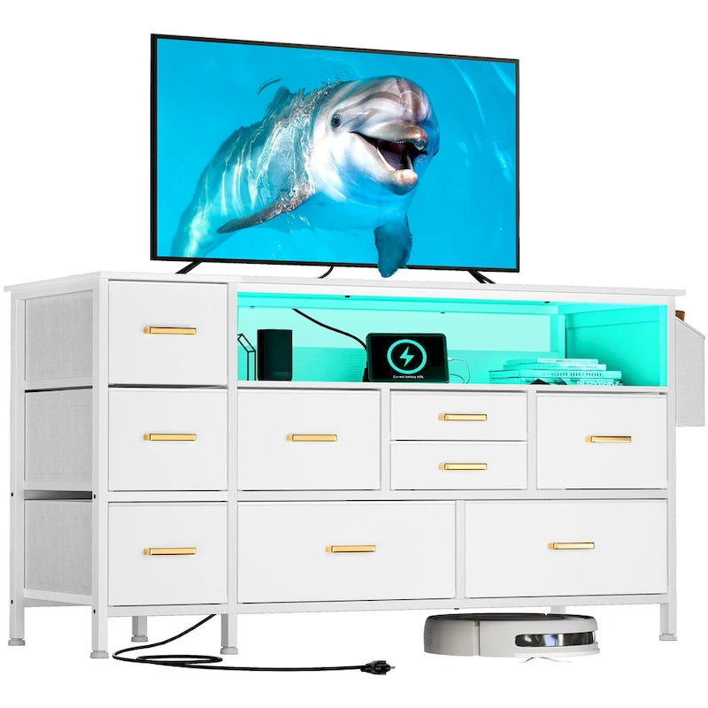 Commode en tissu à 9 tiroirs de 50 W, meuble multimédia, meuble TV avec prises et éclairage RVB