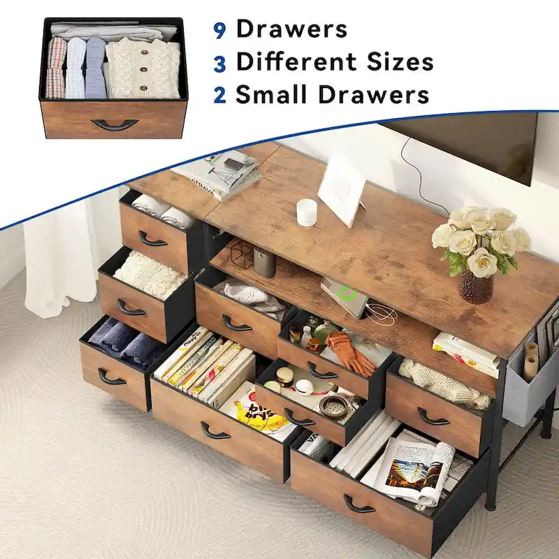 Commode en tissu à 9 tiroirs de 50 W, meuble multimédia, meuble TV avec prises et éclairage RVB
