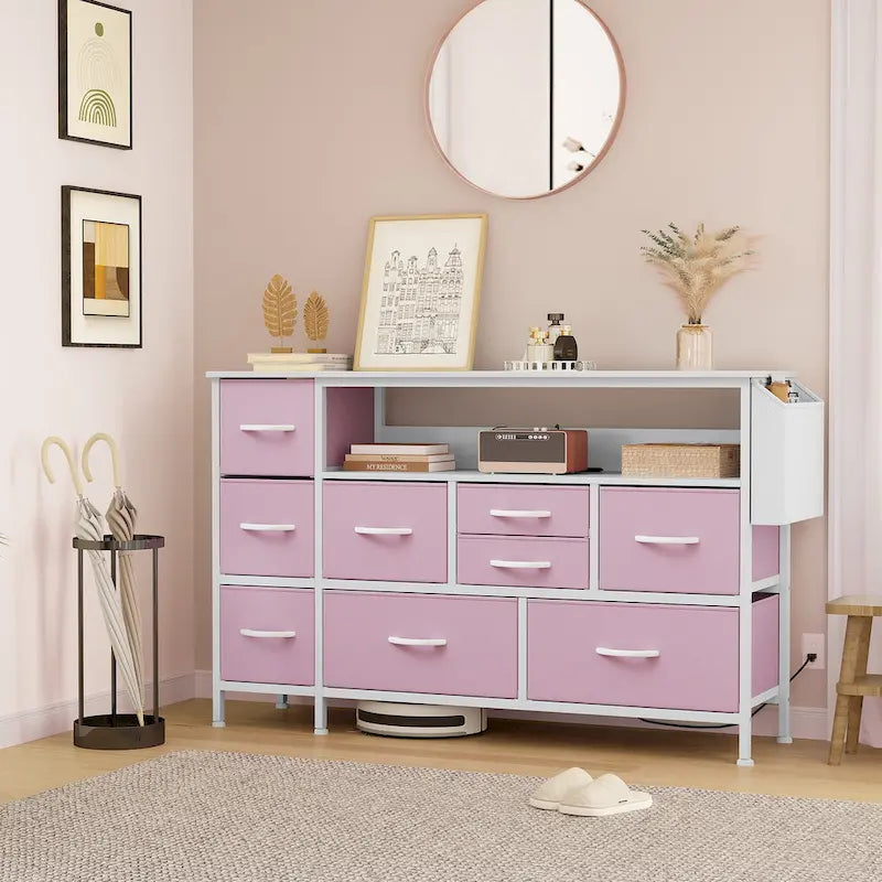 Commode en tissu à 9 tiroirs de 50 W, meuble multimédia, meuble TV avec prises et éclairage RVB