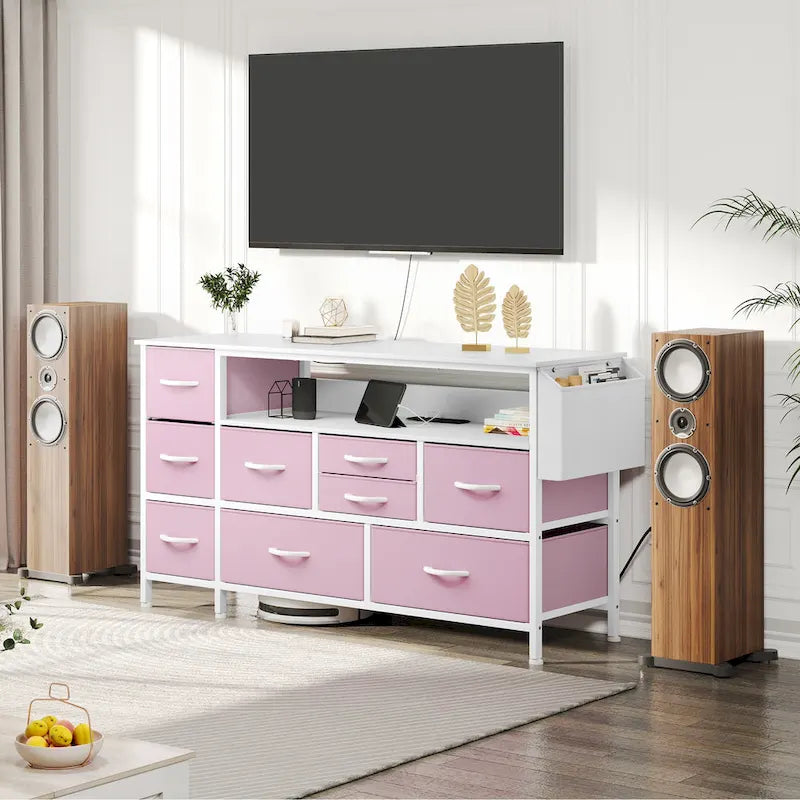 Commode en tissu à 9 tiroirs de 50 W, meuble multimédia, meuble TV avec prises et éclairage RVB