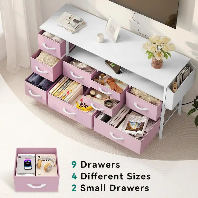 Commode en tissu à 9 tiroirs de 50 W, meuble multimédia, meuble TV avec prises et éclairage RVB