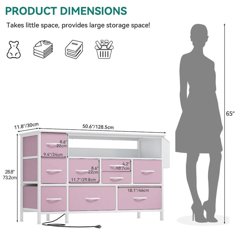 Commode en tissu à 9 tiroirs de 50 W, meuble multimédia, meuble TV avec prises et éclairage RVB
