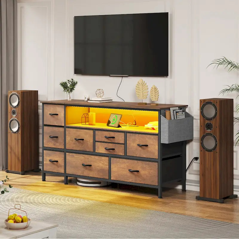 Commode en tissu à 9 tiroirs de 50 W, meuble multimédia, meuble TV avec prises et éclairage RVB