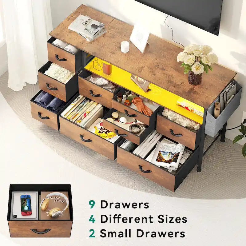 Commode en tissu à 9 tiroirs de 50 W, meuble multimédia, meuble TV avec prises et éclairage RVB