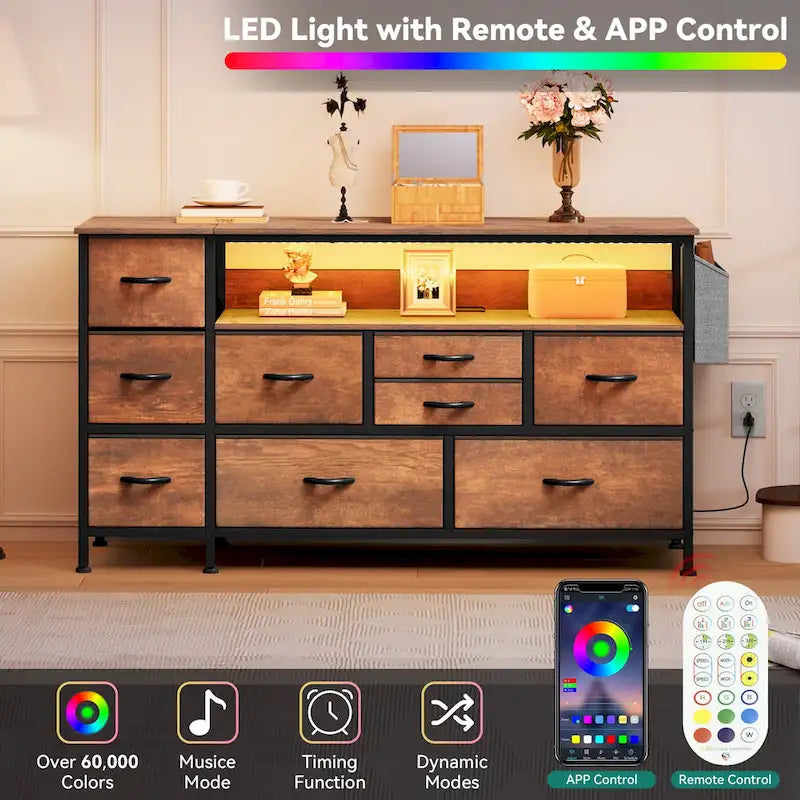 Commode en tissu à 9 tiroirs de 50 W, meuble multimédia, meuble TV avec prises et éclairage RVB