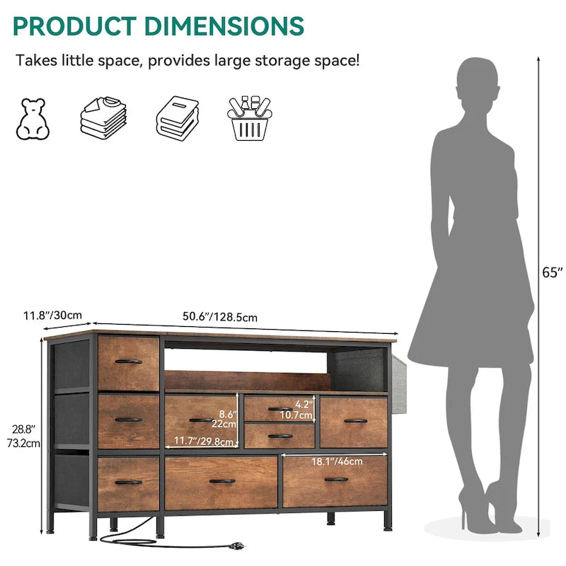 Commode en tissu à 9 tiroirs de 50 W, meuble multimédia, meuble TV avec prises et éclairage RVB