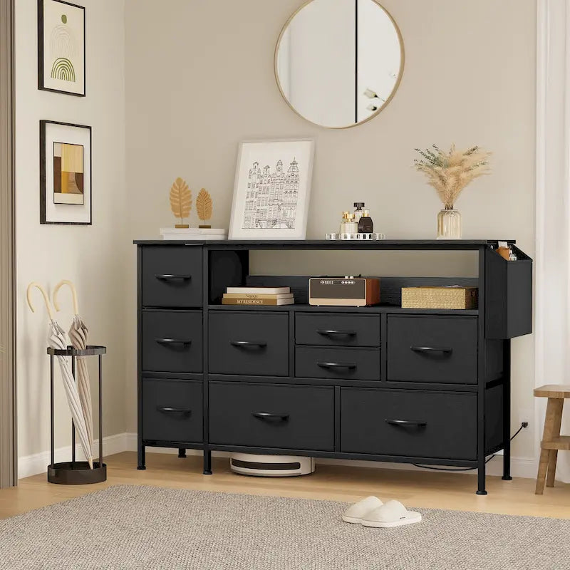Commode en tissu à 9 tiroirs de 50 W, meuble multimédia, meuble TV avec prises et éclairage RVB
