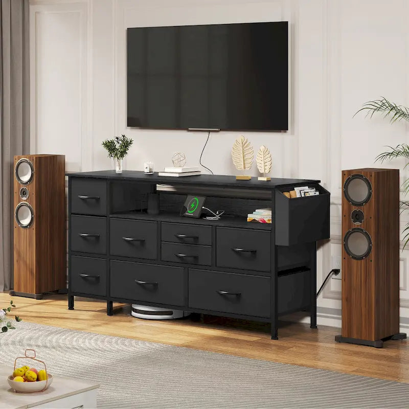 Commode en tissu à 9 tiroirs de 50 W, meuble multimédia, meuble TV avec prises et éclairage RVB