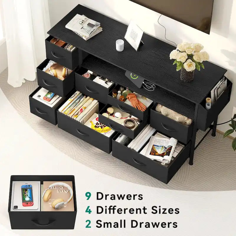 Commode en tissu à 9 tiroirs de 50 W, meuble multimédia, meuble TV avec prises et éclairage RVB