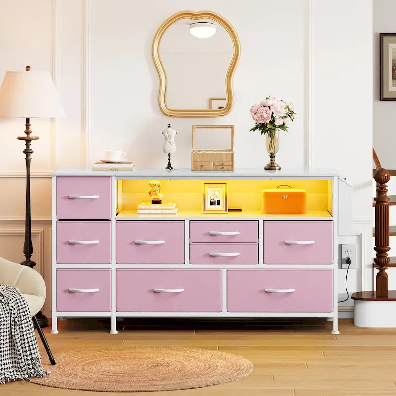 Commode en tissu à 9 tiroirs de 50 W, meuble multimédia, meuble TV avec prises et éclairage RVB