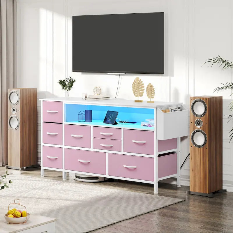 Commode en tissu à 9 tiroirs de 50 W, meuble multimédia, meuble TV avec prises et éclairage RVB