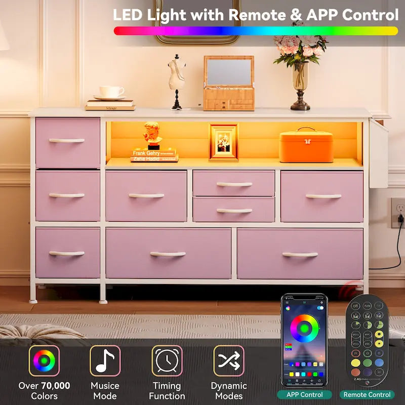 Commode en tissu à 9 tiroirs de 50 W, meuble multimédia, meuble TV avec prises et éclairage RVB