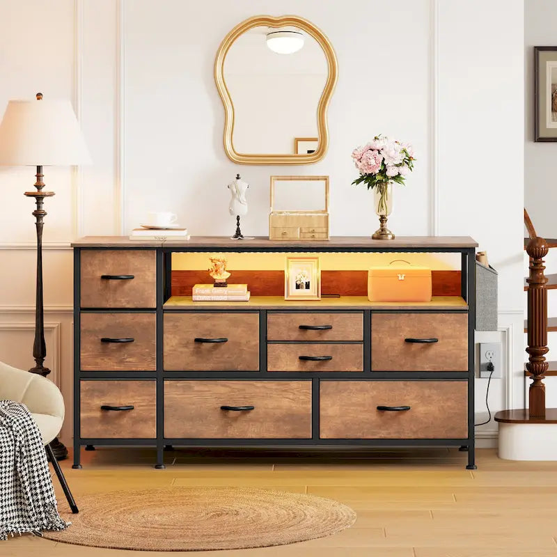 Commode en tissu à 9 tiroirs de 50 W, meuble multimédia, meuble TV avec prises et éclairage RVB