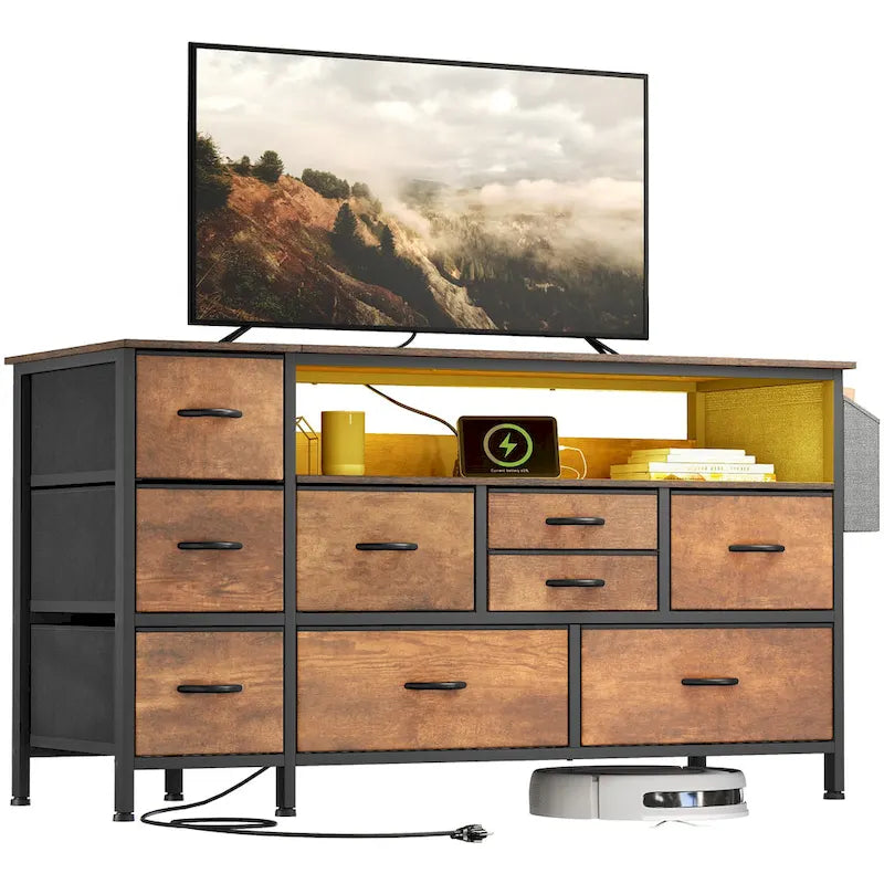 Commode en tissu à 9 tiroirs de 50 W, meuble multimédia, meuble TV avec prises et éclairage RVB
