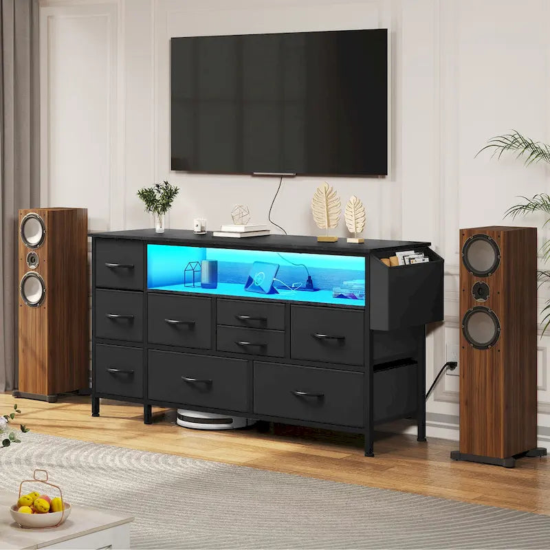 Commode en tissu à 9 tiroirs de 50 W, meuble multimédia, meuble TV avec prises et éclairage RVB