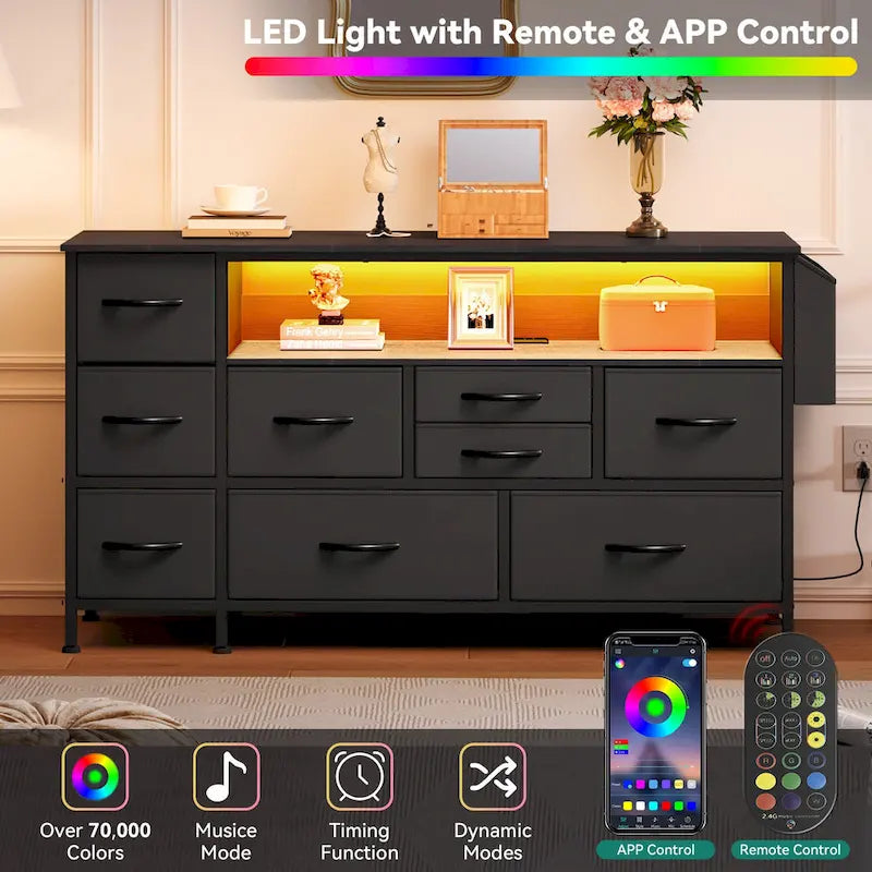 Commode en tissu à 9 tiroirs de 50 W, meuble multimédia, meuble TV avec prises et éclairage RVB