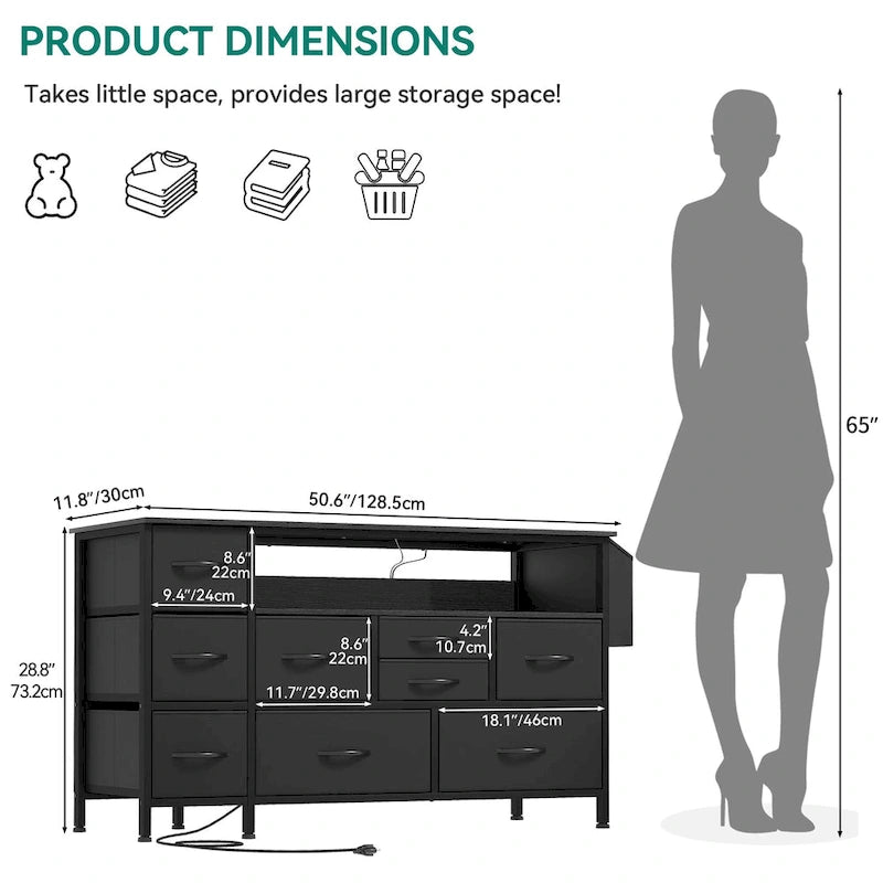 Commode en tissu à 9 tiroirs de 50 W, meuble multimédia, meuble TV avec prises et éclairage RVB