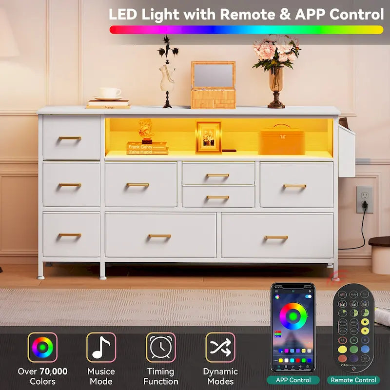 Commode en tissu à 9 tiroirs de 50 W, meuble multimédia, meuble TV avec prises et éclairage RVB