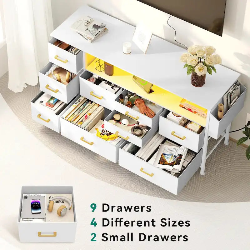 Commode en tissu à 9 tiroirs de 50 W, meuble multimédia, meuble TV avec prises et éclairage RVB