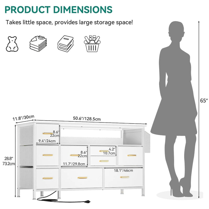 Commode en tissu à 9 tiroirs de 50 W, meuble multimédia, meuble TV avec prises et éclairage RVB