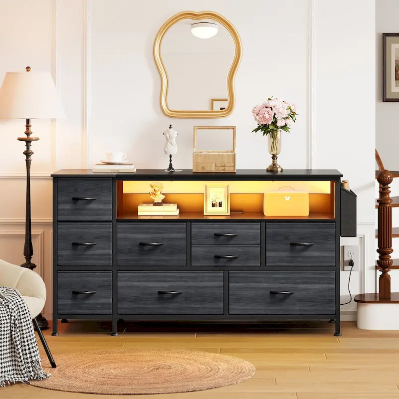 Commode en tissu à 9 tiroirs de 50 W, meuble multimédia, meuble TV avec prises et éclairage RVB
