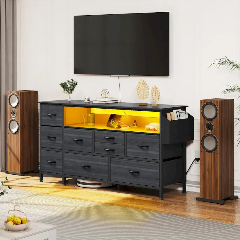 Commode en tissu à 9 tiroirs de 50 W, meuble multimédia, meuble TV avec prises et éclairage RVB