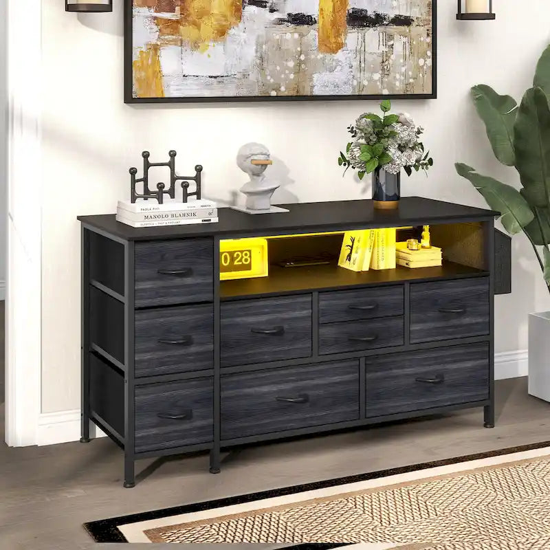 Commode en tissu à 9 tiroirs de 50 W, meuble multimédia, meuble TV avec prises et éclairage RVB