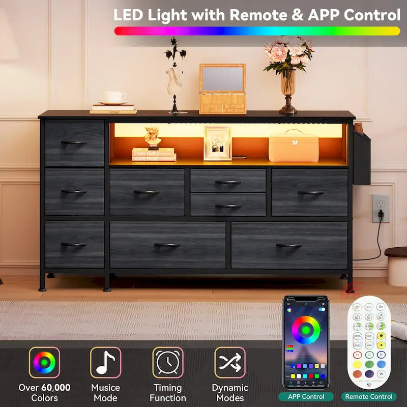 Commode en tissu à 9 tiroirs de 50 W, meuble multimédia, meuble TV avec prises et éclairage RVB