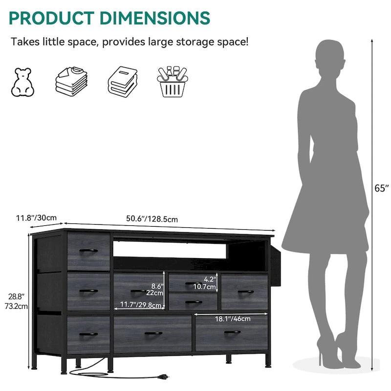 Commode en tissu à 9 tiroirs de 50 W, meuble multimédia, meuble TV avec prises et éclairage RVB