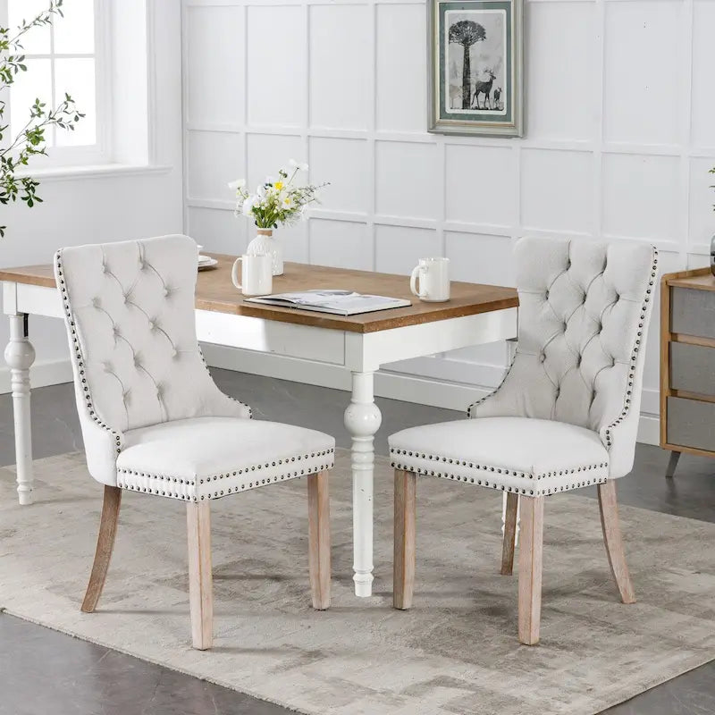 Ensemble de 2 chaises de salle à manger haut de gamme en lin touffeté contemporain, en bois massif, avec pieds en bois et clous décoratifs